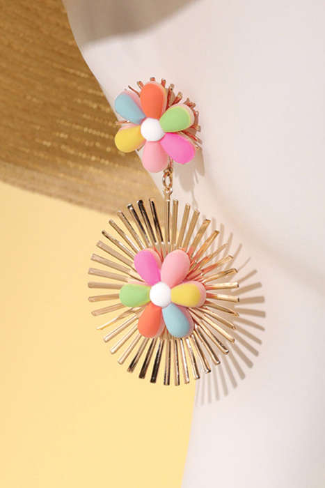 Red Colorful Flower Gold-pleated Dangle Earrings