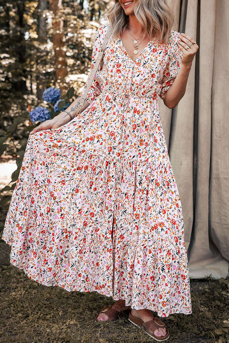Red Boho Half Sleeve Floral V Neck Maxi Dress