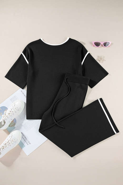 Black Contrast Trim Half Sleeve Top Drawstring Pants Loose 2pcs Sweater Suit
