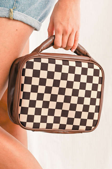 Black Checkered Multiple Compartments PU Leather Cosmetic Bag
