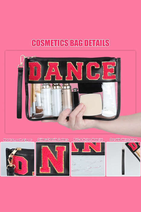 Black DANCE Chenille Letter PU Leather Patchwork Clear Makeup Bag