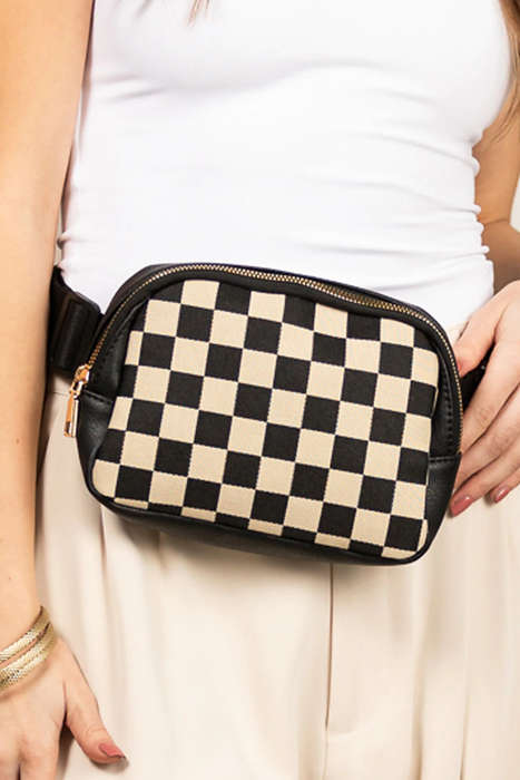 Black Faux Leather Checkered Patchwork Crossbody Waist Bag