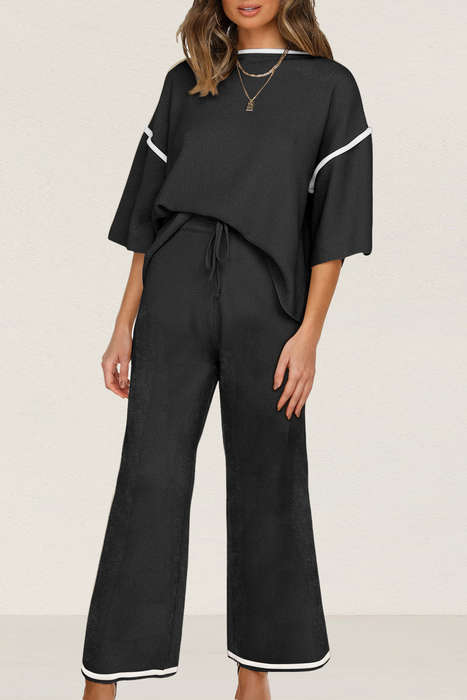 Black Contrast Trim Half Sleeve Top Drawstring Pants Loose 2pcs Sweater Suit