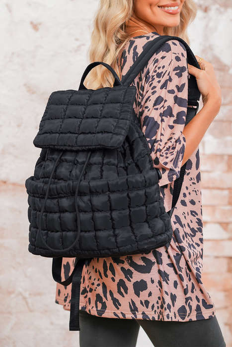 Black Solid Flapped Quilted Puffer Backpack