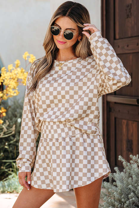 Khaki Checkered Long Sleeve Crop Top High Waist Skort 2pcs Set