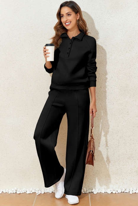 Black Solid Collared Sweatshirt and High Waist Pants Active Set