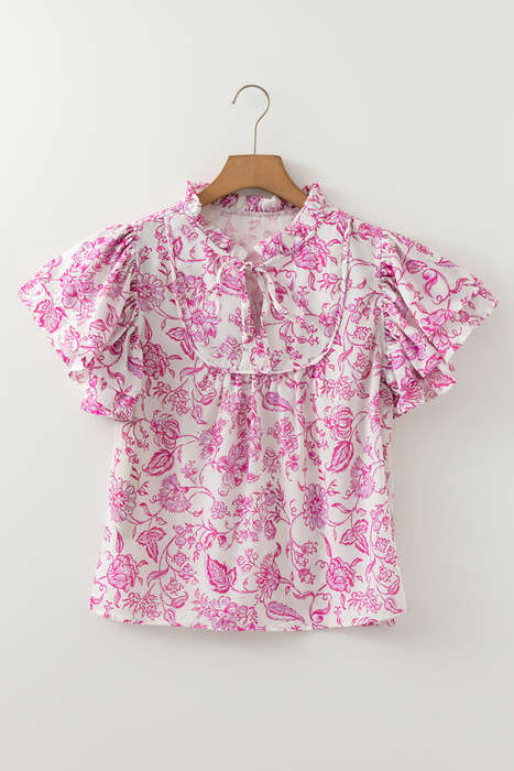 Pink Baroque Floral Ruffle Sleeve V Neck Blouse Top