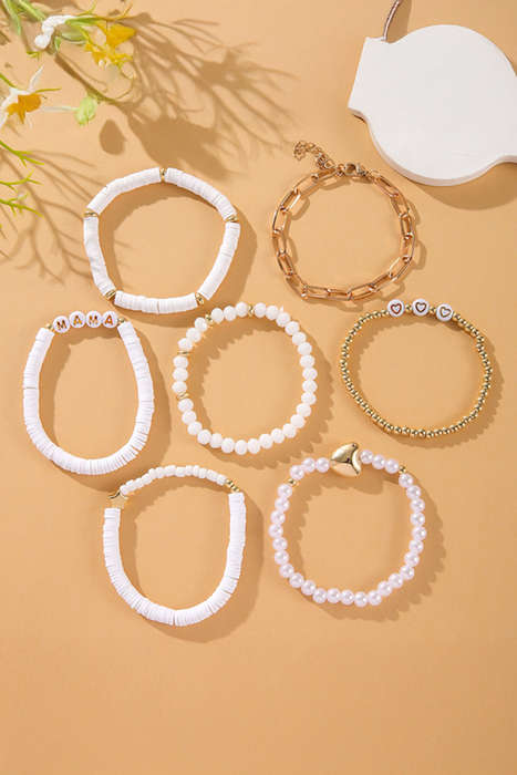 White MAMA Heart Pearl Beaded Chain Multi Layer Bracelet