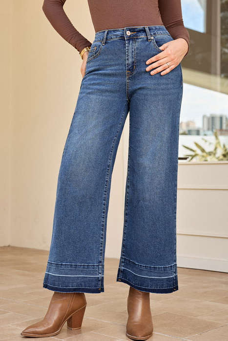 Navy Blue Raw Hem Straight Leg Loose High Waist Jeans