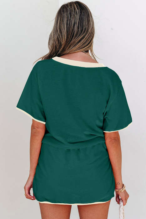 Evergreen Colorblock Edge Drop Shoulder T Shirt and Skort 2Pcs Set