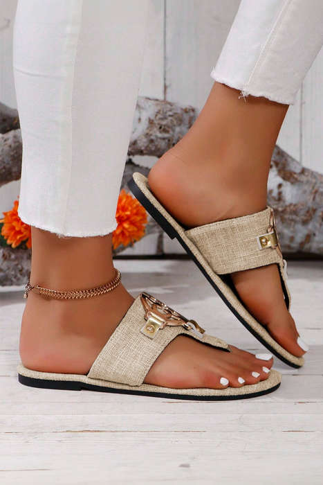 Beige Metal Decor Leather Thong Slippers