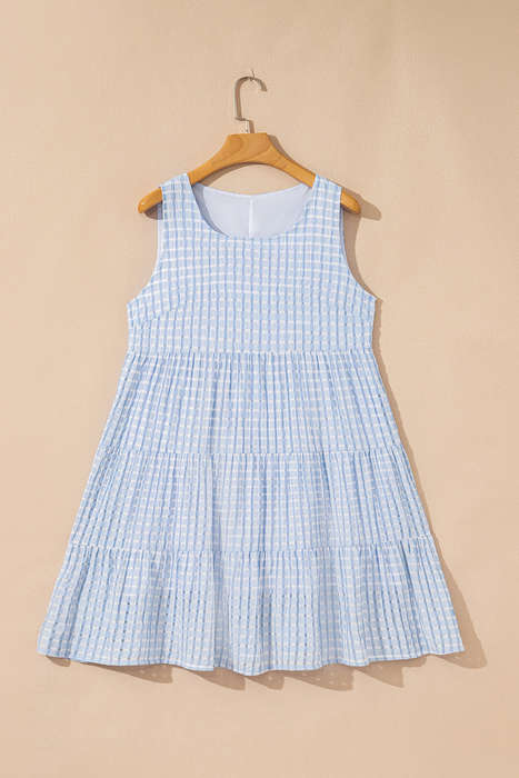 Light Blue Plaid Tiered A-line Sleeveless Mini Sundress