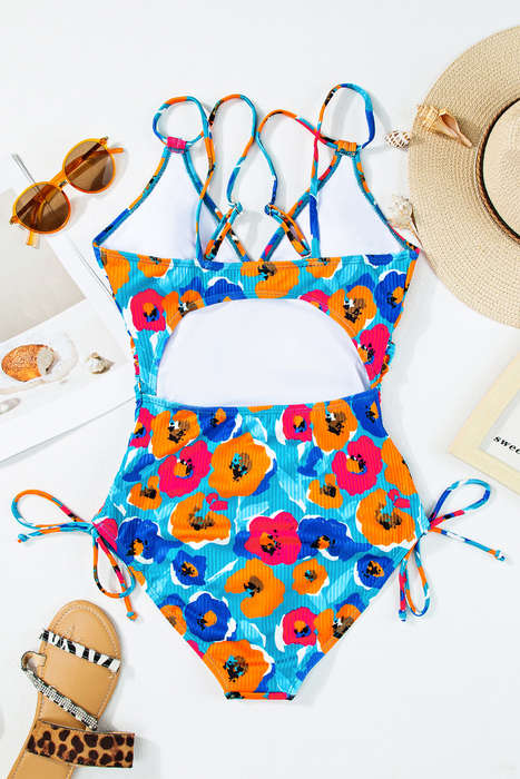 Sky Blue Adjustable Straps Ribbed Knit One Piece Swimsuit