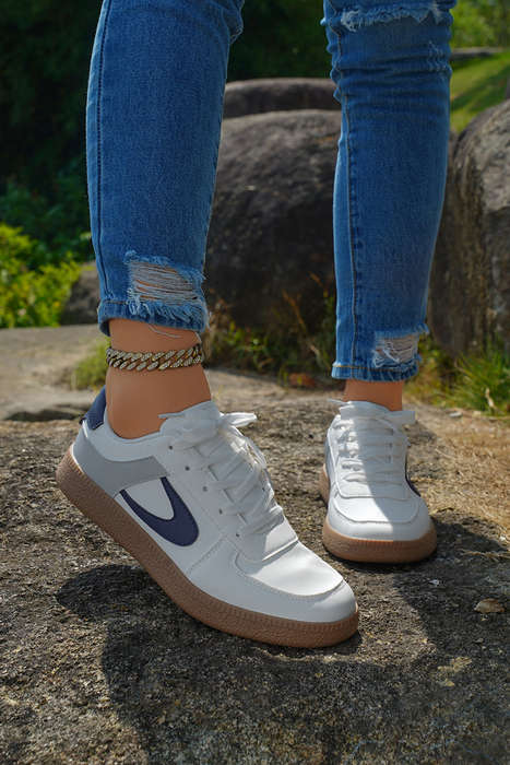 Navy Blue Color Contrast PU Leather Lace-up Sneakers