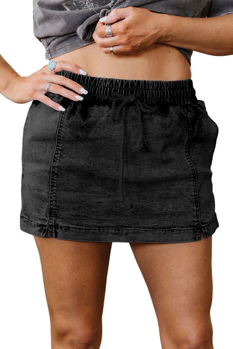 Black Drawstring Elastic Waistband Pocketed Denim Shorts