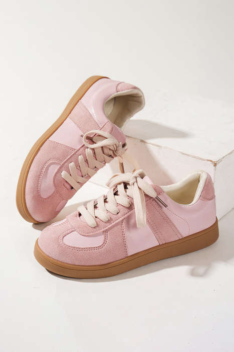 Pink Two Tone Faux Suede Leather Patched Lace-up Sneakers