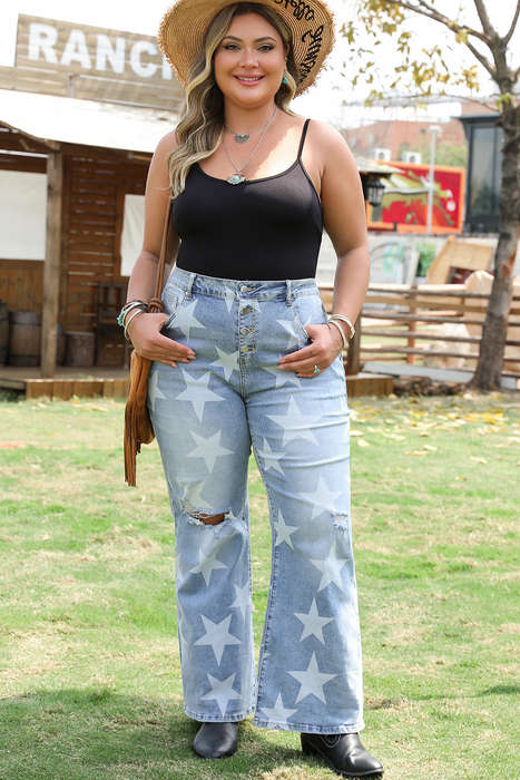 Sky Blue Star Printed Multi Buttons Slit Knee Destroyed Plus Size Jeans
