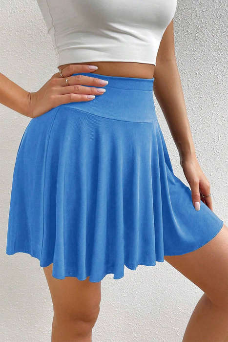 Blue A-line Draped High Waist Phone Pocket Lined Skort