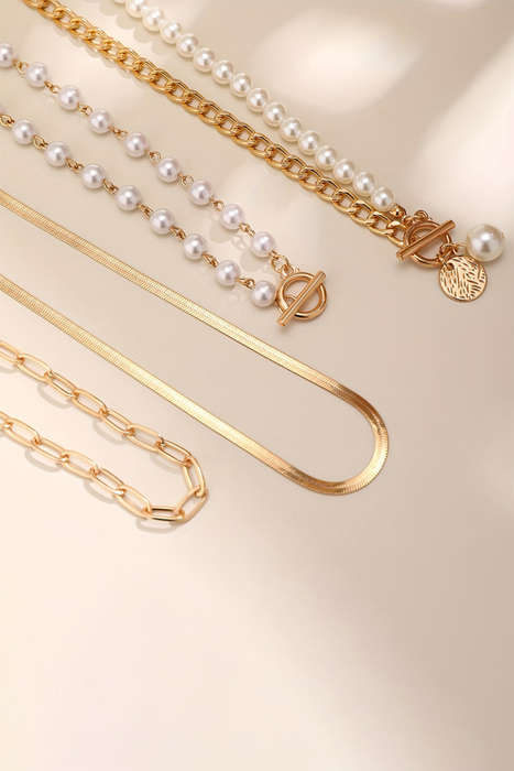 Gold Pearl Decor Plated Adjustable Chain Layered Necklace