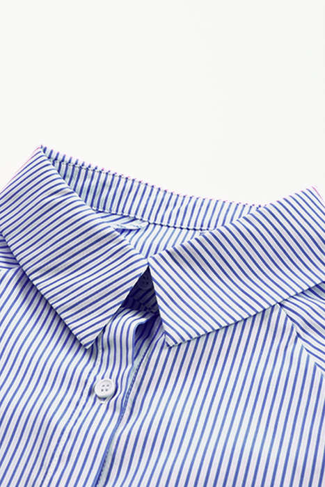 Blue Stripe Smocked Cuffed Striped Boyfriend Shirt with Pocket
