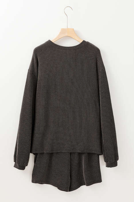 Carbon Grey Corded Knit Long Sleeve Top and High Waist Shorts Set
