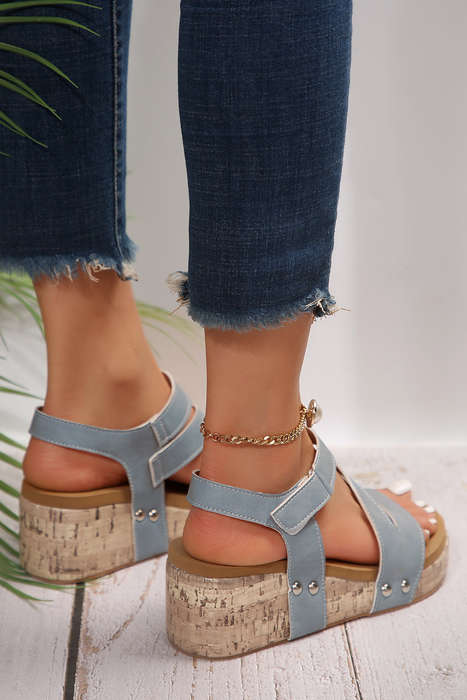 Light Blue Hollow Out Velcro Leather Wedge Sandals