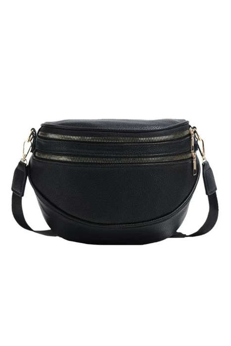 Black Double Zip Faux Leather Crossbody Bag
