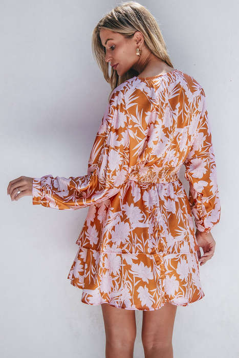 Brown Floral Puff Sleeve Smocked Waist Layered Dress