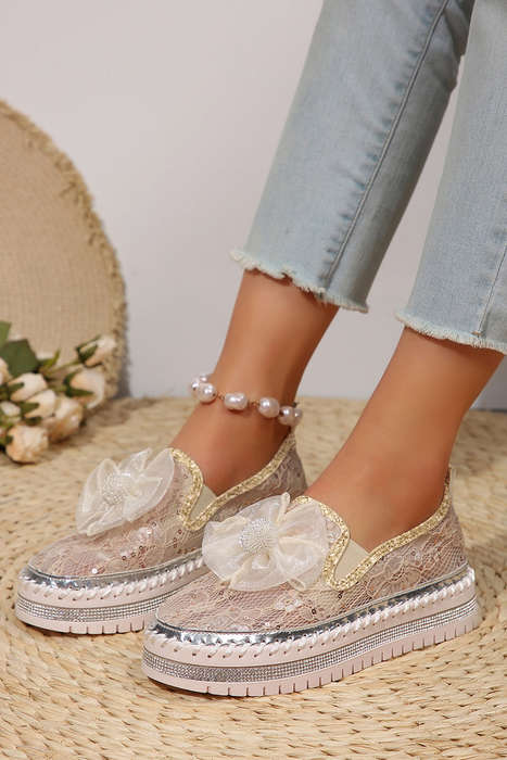White Glossy Bow Decor Breathable Lace Loafer Shoes
