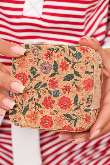Camel Retro Floral Print Portable Square Jewelry Box