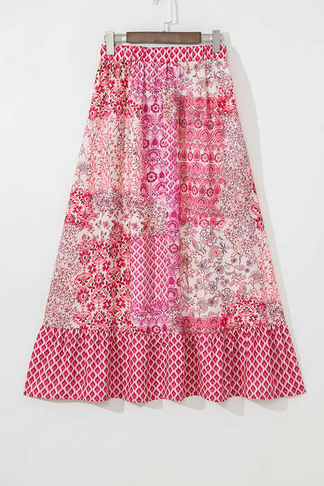 Red Boho Pattern Print Tassel Drawstring Elastic Waistband Maxi Skirt