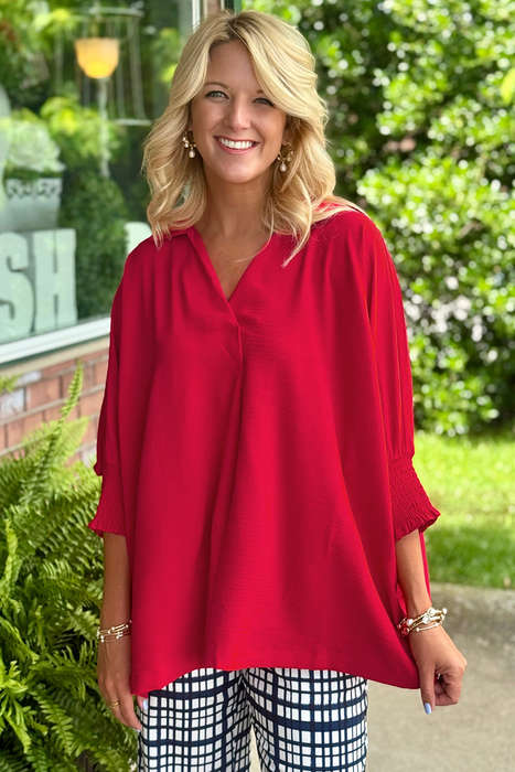 Fiery Red V Neck Collared Shirred 3/4 Sleeve Oversized Tunic Top
