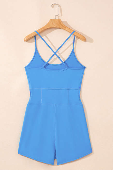 Blue Crossed Spaghetti Straps Drawstring Waist Sporty Romper
