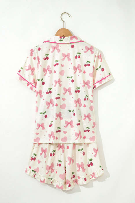 Beige Bow Fruit Print Contrast Pipping Short Pajamas Set