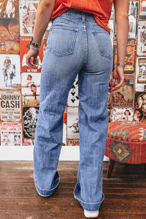 Beau Blue Tailored Center Seam Detail Straight Loose High Rise Jeans