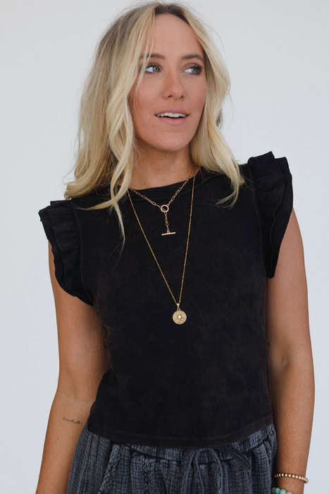 Black Ruffled Crew Neck Slim Fit Top