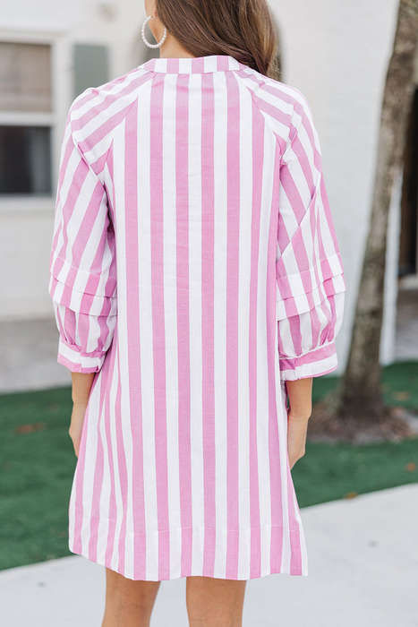 Rose Stripe Bracelet Sleeve Buttons Loose Mini Dress
