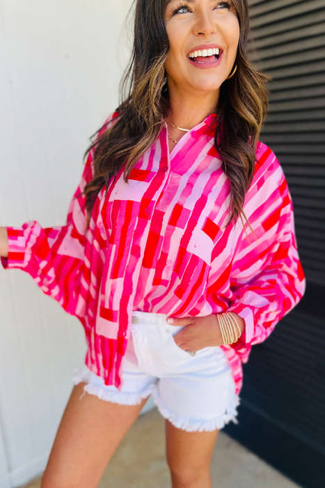 Pink Abstract Print Batwing Sleeve Casual Shirt