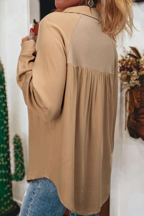 Light French Beige Waffle Patchwork Button Up Frayed Hem Shirt