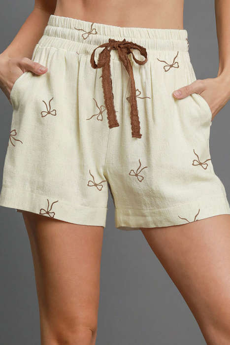 White Bow Print Lace Drawstring Elastic Waistband Casual Shorts