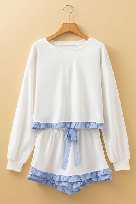 White Plaid Ruffled Patchwork Drop Shoulder Pullover and Drawstring Elastic Waist Shorts Matching...
