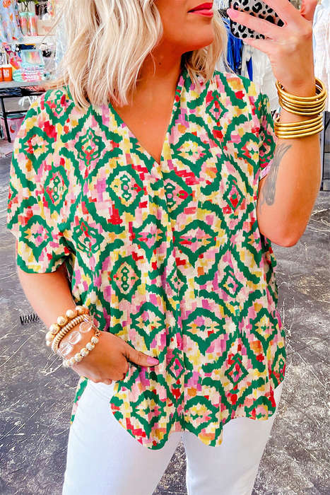 Green Abstract Print V Neck Short Sleeve Blouse