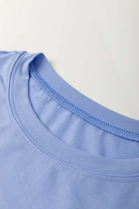 Sky Blue Flower Patched Exposed Stitching Trim Crew Neck Loose Tee