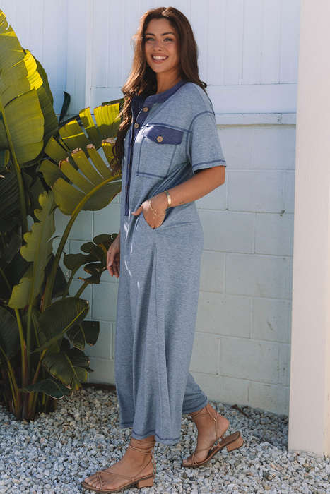 Beau Blue Half Placket Chest Pockets Short Sleeve Wide Leg Jumpsuit