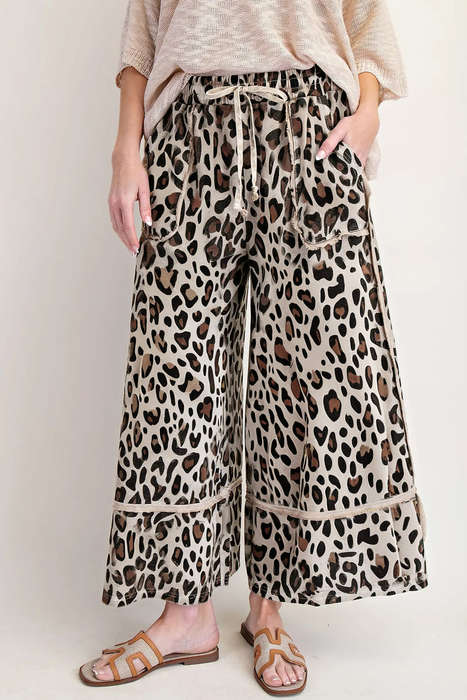 Khaki Leopard Wide Leg Cropped Pants