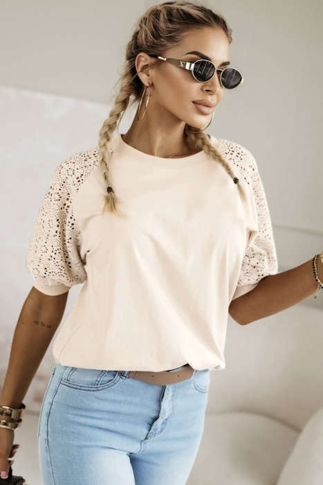 Jet Stream Lace Crochet Short Sleeve Round Neck T Shirt