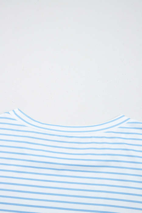 Sky Blue Stripe Floral Three Quarter Sleeves Patchwork Drop Shoulder Top