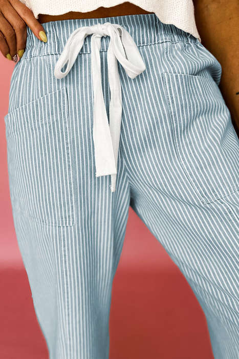 Sky Blue Stripe Mid Rise Drawstring Waist Jeans