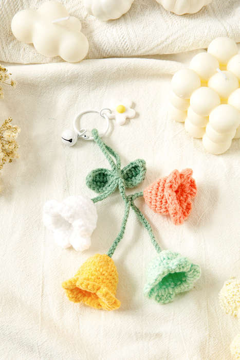 Meadow Mist Green Handmade Crochet Bell Orchid Flower Key Ring Bag Pendant