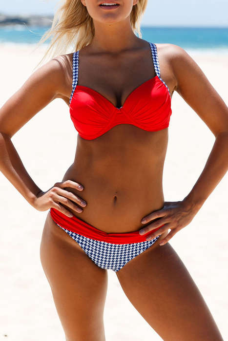 Sexy Fiery Red Padded Gather Push-up Bikini Set